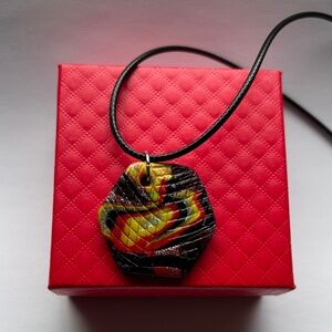🟣New Polymer Clay Multicolored  Pendant W/Black Waxed Cord, Handcrafted